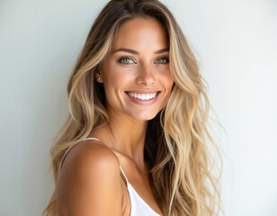 Naklejka premium Beautiful woman with long wavy blonde hair smiles. Portrait studio shoot on white background. Radiant model displays perfect white teeth. Concept of happiness, beauty, healthy skin, dental care.
