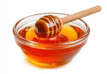 A 4K photo of honey in a glass bowl with a wooden honey spoon, isolated on a white background.