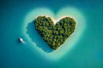 Aerial view of a heart-shaped tropical island surrounded by turquoise waters with a boat approaching. Symbol of love, romance, and exotic travel destinations for vacation or honeymoon.