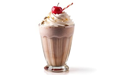 Delicious chocolate milkshake with whipped cream and cherry