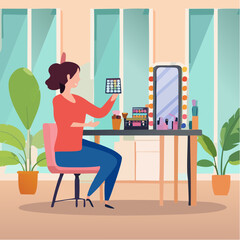 Woman doing her make up holding an eyeshadow palette with a mirror