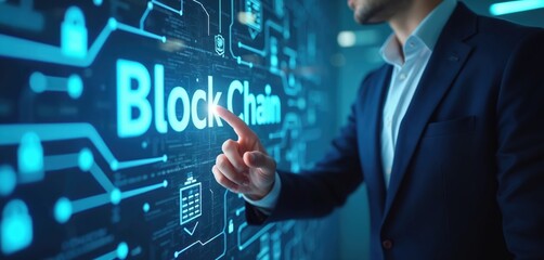 Businessman interacts with blockchain screen interface. Digital ledger technology, cryptography, cryptocurrency concept. Hand touching virtual display interface, innovative future tech, financial
