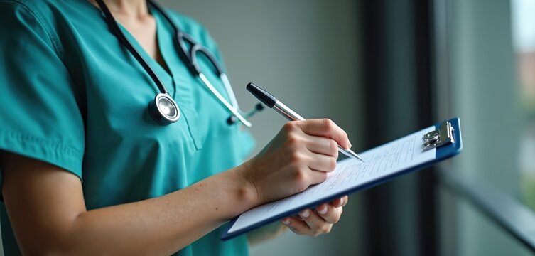 Close-up shot of nurse writing on clipboard, filling medical form in clinic. Healthcare worker holding pen, documenting patient data for report. Medical insurance and documentation.