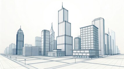 Fototapeta premium 3D wireframe sketch of modern city buildings with clean geometric lines, symbolizing future urban planning, architecture concepts, and smart city design