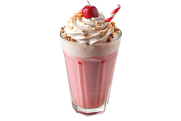 Delicious strawberry milkshake with whipped cream and cookie crumble isolated on transparent background