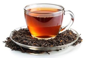 Fototapeta premium A cup of freshly brewed black tea with loose leaf tea on a glass saucer
