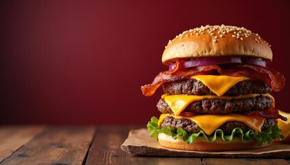 Big burger with cheese and bacon on background