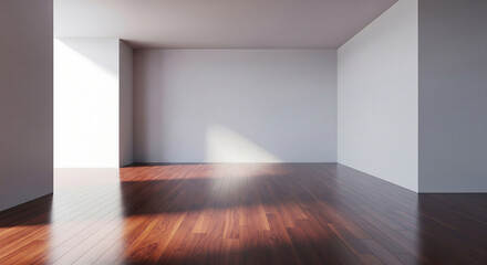 Elegant 3d rendered contemporary interior with wood floor and white wall mockup