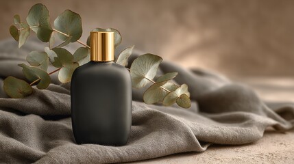 Naklejka premium Matte black perfume bottle with eucalyptus on linen cloth