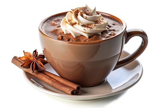 Delicious hot chocolate with whipped cream and spices in brown cup