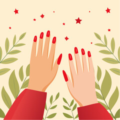 Hands with Red Nail Polish on Beige Background