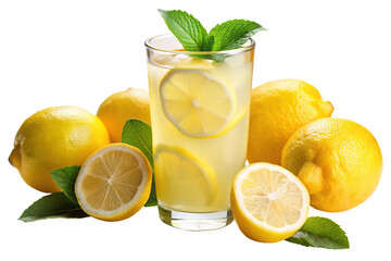 Refreshing glass of lemonade with lemons and mint isolated on transparent background