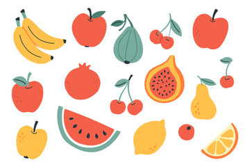 Colorful vector illustration of assorted fruits including banana, apple, fig, cherry, pear, citrus, papaya, and pomegranate. Perfect for healthy lifestyle, food design, and kitchen decor