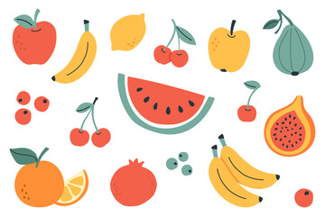 Playful fruit collection featuring bright illustrations of apples, bananas, figs, cherries, citrus fruits, papayas, and pomegranates. Perfect for nutrition and organic themes