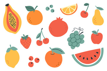 Colorful vector illustration of assorted fruits and berries including apple, pear, papaya, orange, lemon, cherry, strawberry, grape, watermelon, and blueberry on a light pastel background