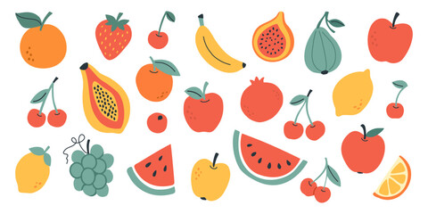 Colorful vector collection of tropical and summer fruits including apple, orange, papaya, banana, pitaya, cherry, strawberry, grape, watermelon, lemon, and pomegranate. Ideal for healthy food designs