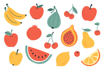 Vector illustration of colorful fruits including banana, apple, fig, cherry, pear, lemon, orange, papaya, and pomegranate. Ideal for healthy eating, summer design, and packaging
