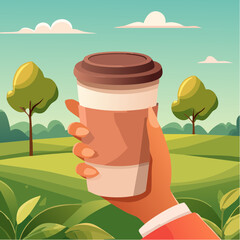 Illustration of a woman's hand holding a paper coffee cup