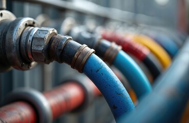 Close-up view water hoses. Different colors, metal fittings, pipes. Industrial background, plumbing system. Hydraulic engineering, construction concept. Detail of pressure regulation equipment.