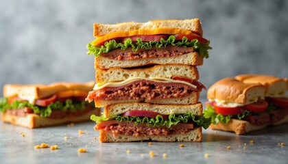 Stack sandwiches multiple fillings table on gray and white striped background