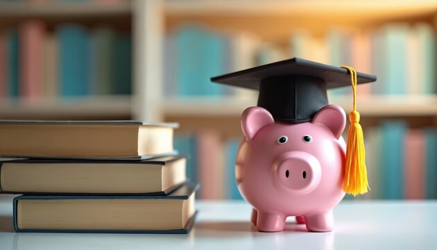 Pink piggy bank wearing graduation cap education expenses, saving money, financial planning. Books on desk. Investing for future. Smart financial decisions concept. Tuition fee, student loan,