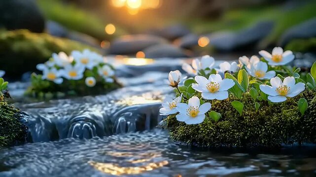 White flowers by a babbling brook