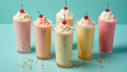 Stack of creamy milkshakes top view with multiple flavors on aqua background