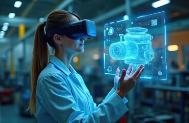 Female engineer wearing VR headset interacts holographic 3D model mechanical component industrial setting. Uses virtual reality tech, augmented reality visualisation to control prototype. Tech