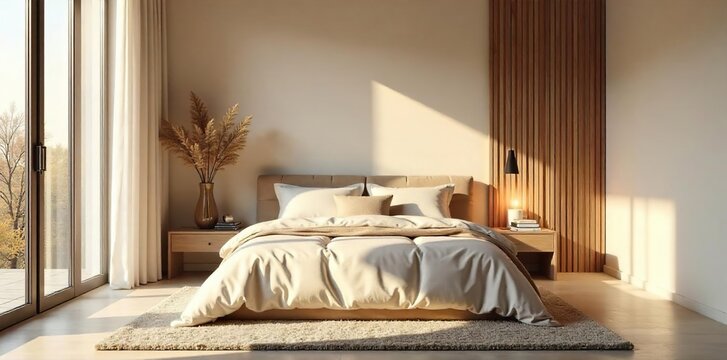 Serene bedroom interior with soft lighting, plush bedding, and calming earth tones Perfect for relaxation and peaceful sleep Minimalist design with natural textures , bedroom decor, textures