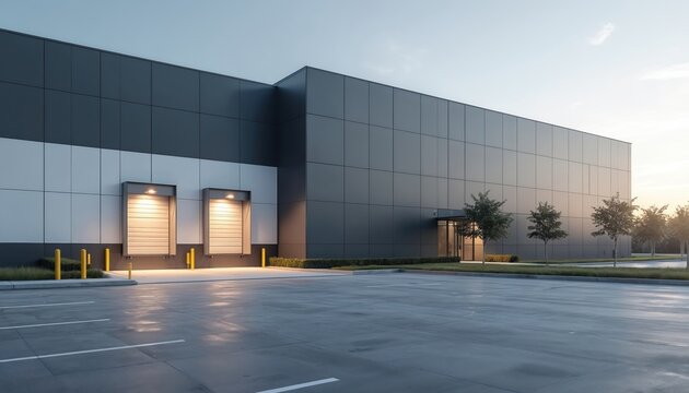Modern logistics warehouse building exterior. Commercial storage facility with loading docks. Transportation, cargo, distribution hub for delivery. Sunny day, blue sky, enterprise. Transportation,