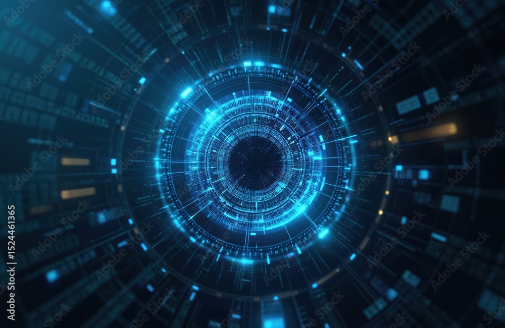 Poster Futuristic tech hologram, virtual eye digital internet control. Surveillance, digital invigilation background, with coding. Cyber spy concept. Binary data transfer visualisation. 3D rendering.