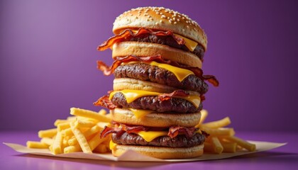 Burger sandwiches piled high with cheese and toppings on purple background