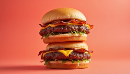 Stack bacon cheeseburgers in top view on coral background