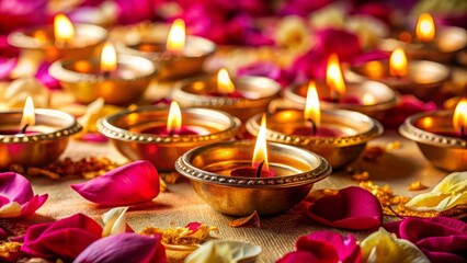 Glowing brass diya lamps with flickering candles on silk cloth amid flower petals, festive Indian tradition, festive illumination perfect for Diwali celebrations and spiritual content