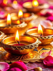Glowing brass diya lamps with flickering candles on silk cloth amid flower petals, festive Indian tradition, festive illumination perfect for Diwali celebrations and spiritual content