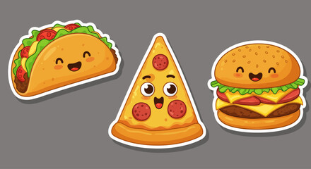 Adorable Cartoon Food Stickers Taco, Pizza, and Burger Illustrations - Perfect for Fun Projects
