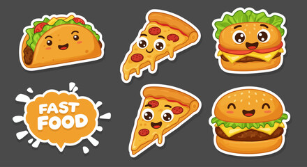Adorable Fast Food Stickers Kawaii Pizza, Burger, and Taco Illustrations