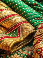 Luxurious Indian dupatta patterns in gold and emerald hues, cultural aesthetic, cultural inspiration for bohemian interiors and creative styling