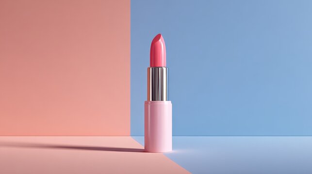 A 4K photo of lipstick product photography background, pink and blue gradient color block, minimalist style, minimalist design sense, front view of the lipstick tube. The.