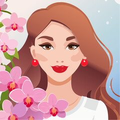 Beautiful Woman with Red Lips and Long Brown Hair Adorned with Pink Orchids Vector Illustration