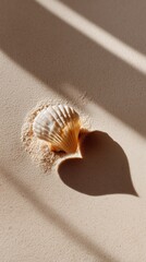 Seashell resting on sand casting a heart-shaped shadow under soft sunlight