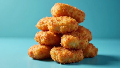 Stack of crispy chicken nuggets in top view on blue background