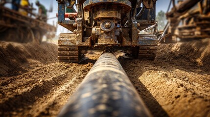 A 4K photo of low angle perspective showcasing horizontal directional drilling technology in action. The drilling machine is engaged in the trenchless installation of.