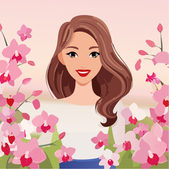Beautiful Woman with Red Lips and Long Brown Hair Adorned with Pink Orchids Vector Illustration