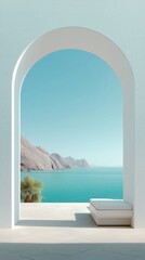 Stunning coastal view framed by a white arch under a clear blue sky in a serene waterfront location