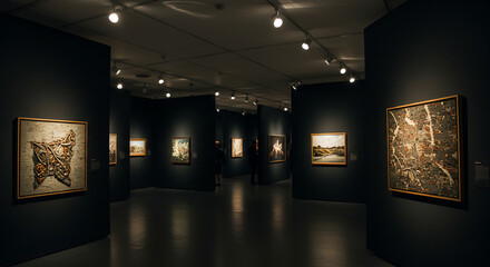 &ldquo;Art gallery with matte black walls, a clean white floating ceiling, and track lights highlighting pieces on display.&rdquo;