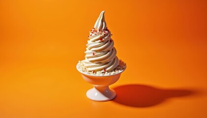 Piled-high stack of creamy ice cream sundaes with multiple toppings on an orange background