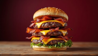 Big burger with cheese and bacon on background