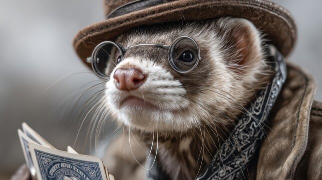 A stylish ferret dressed in a vintage hat and glasses reads a book, exuding charm and character, blending whimsical elements with a unique, anthropomorphic portrayal. - Powered by Adobe