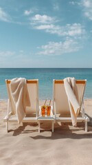 Beach chairs arranged in perfect symmetry facing calm ocean waters under a clear blue sky